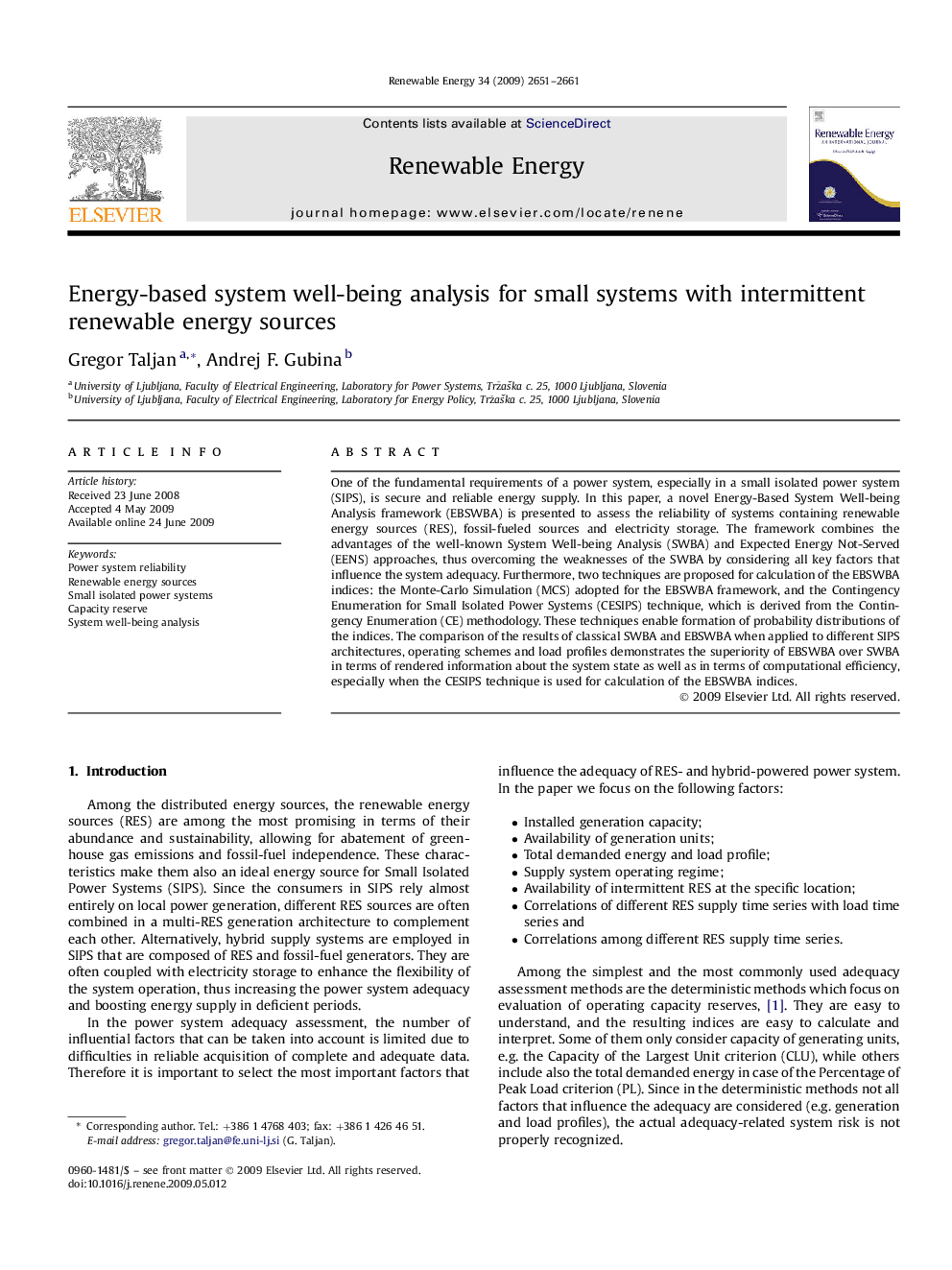 Energy-based system well-being analysis for small systems with intermittent renewable energy sources