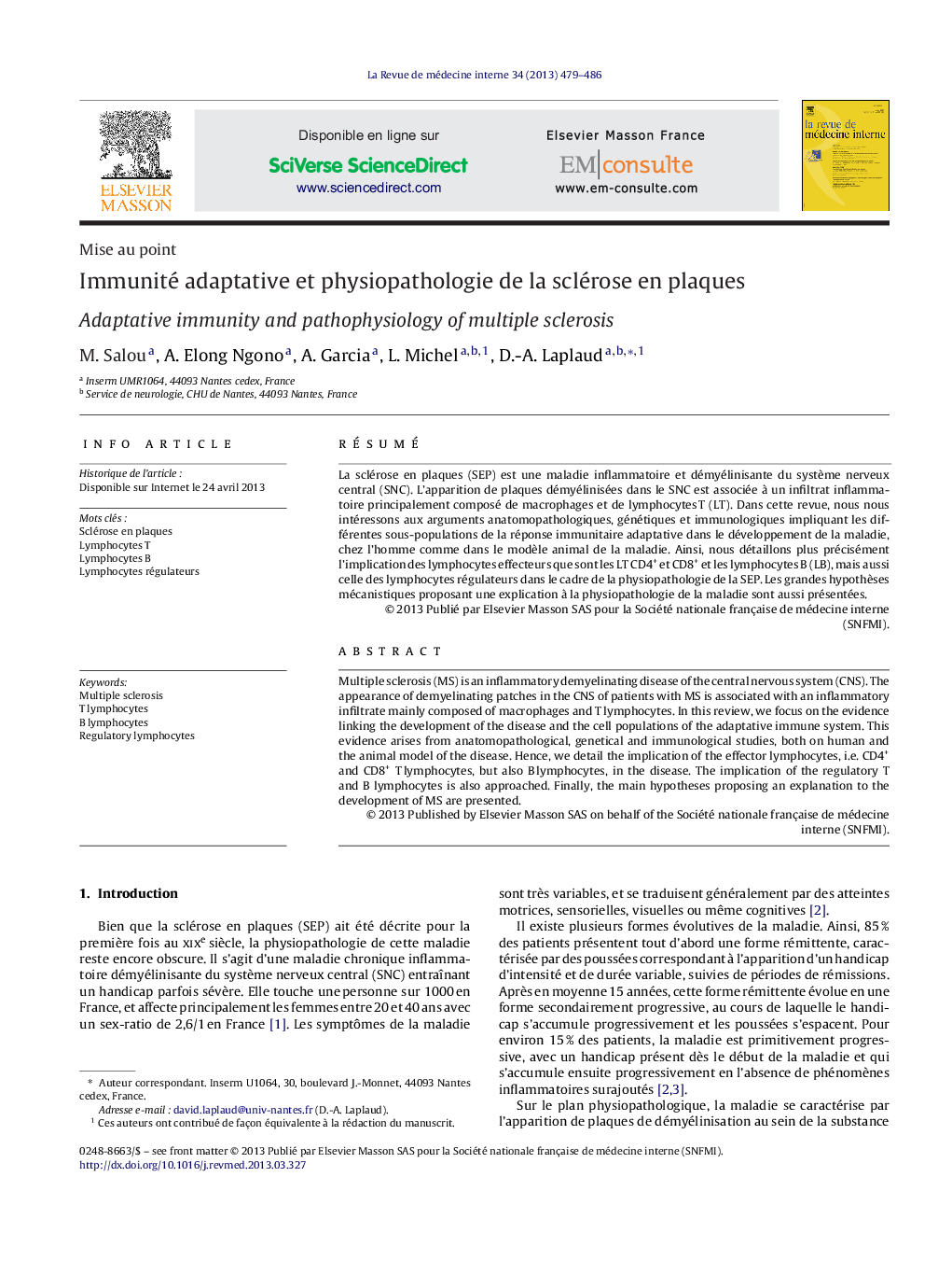 عکس صفحه اول مقاله: Immunité adaptative et physiopathologie de la sclérose en plaques Immunité adaptative et physiopathologie de la sclérose en plaques