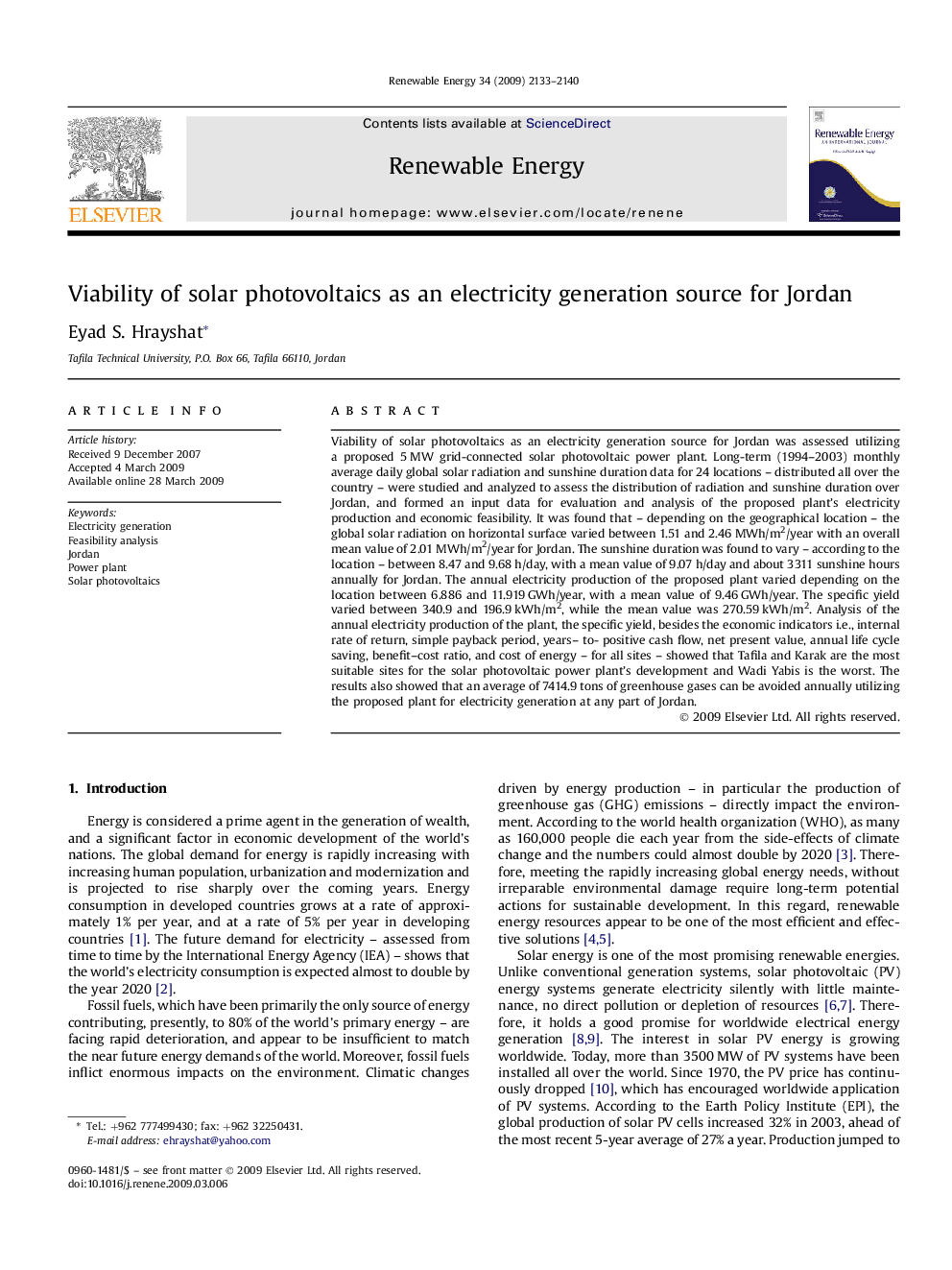 Viability of solar photovoltaics as an electricity generation source for Jordan