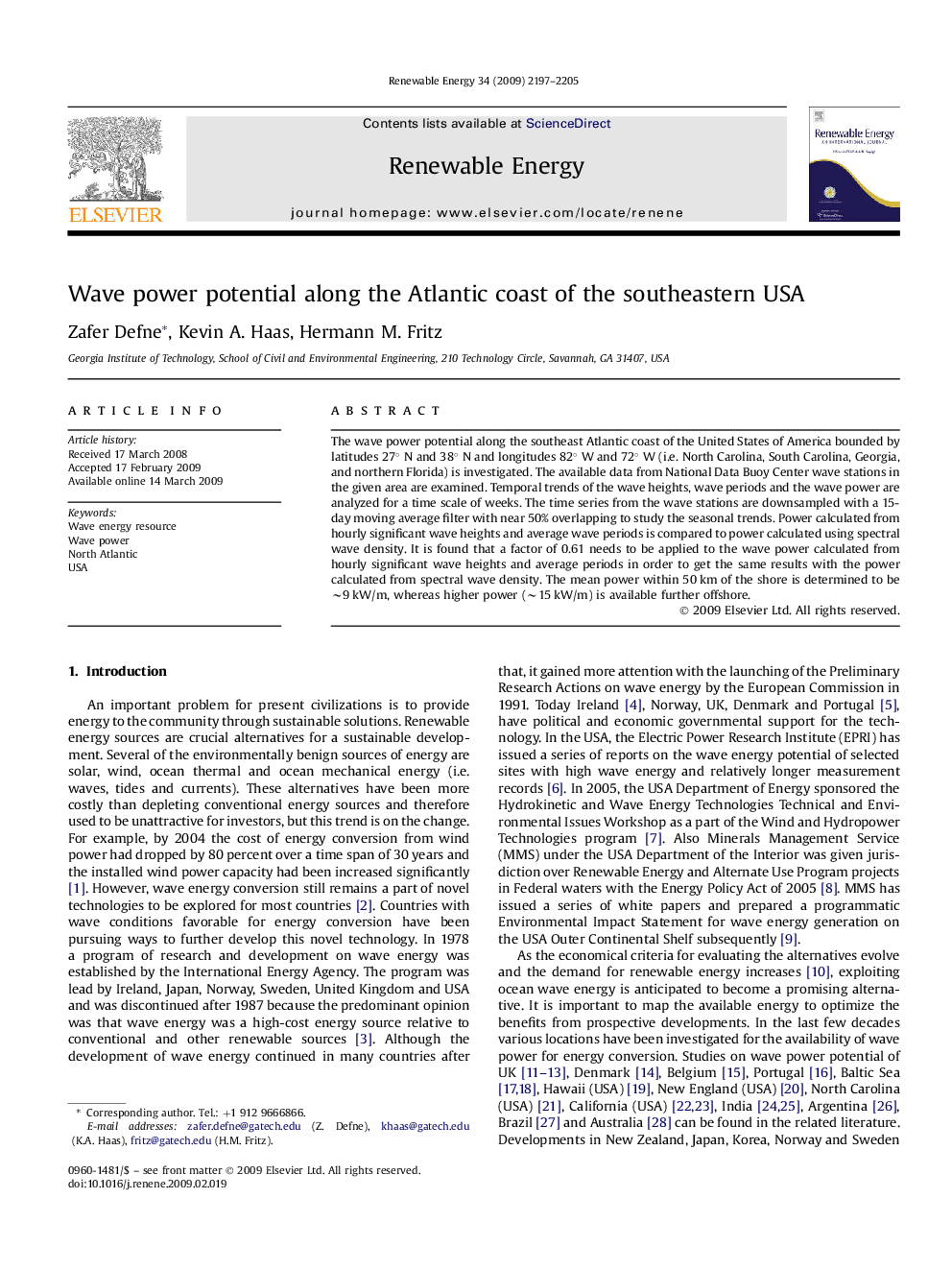 Wave power potential along the Atlantic coast of the southeastern USA