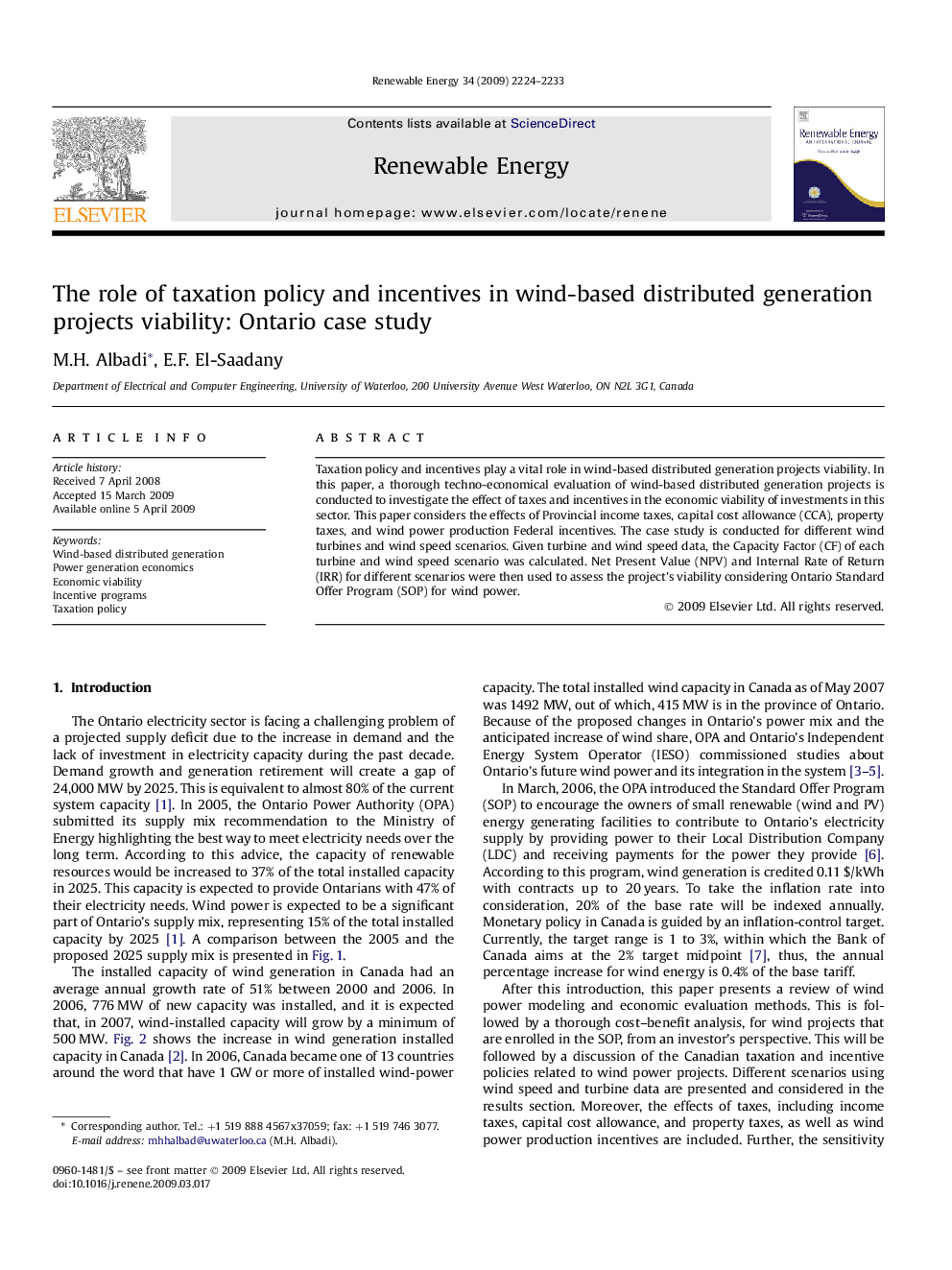 The role of taxation policy and incentives in wind-based distributed generation projects viability: Ontario case study