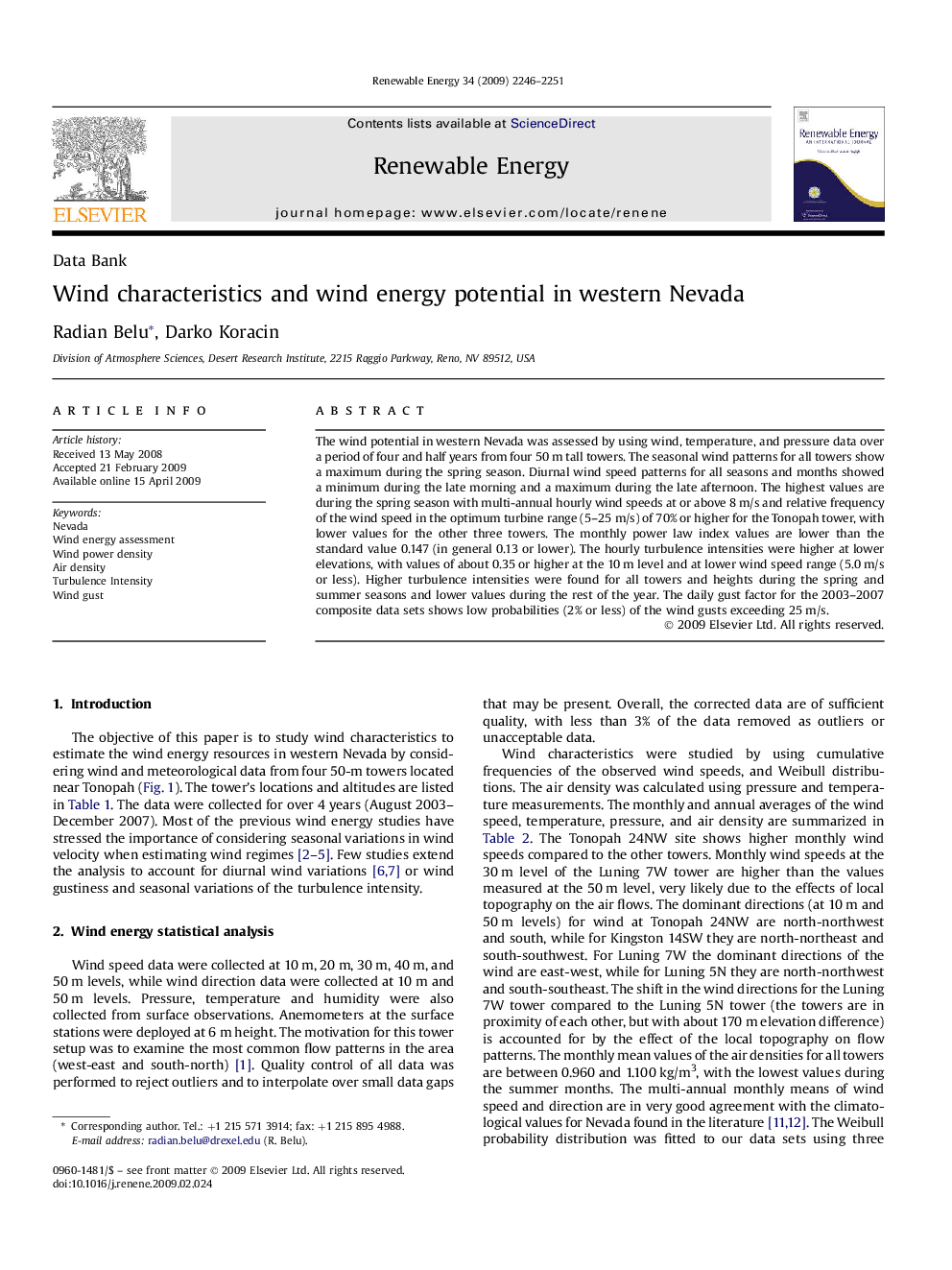 Wind characteristics and wind energy potential in western Nevada