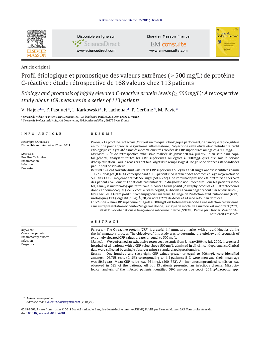 Profil étiologique et pronostique des valeurs extrêmes (≥ 500 mg/L) de protéine C-réactive : étude rétrospective de 168 valeurs chez 113 patients