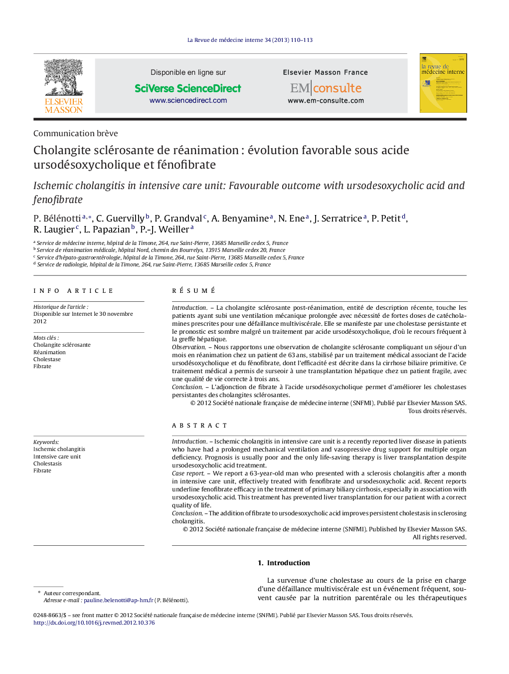 Cholangite sclérosante de réanimation : évolution favorable sous acide ursodésoxycholique et fénofibrate