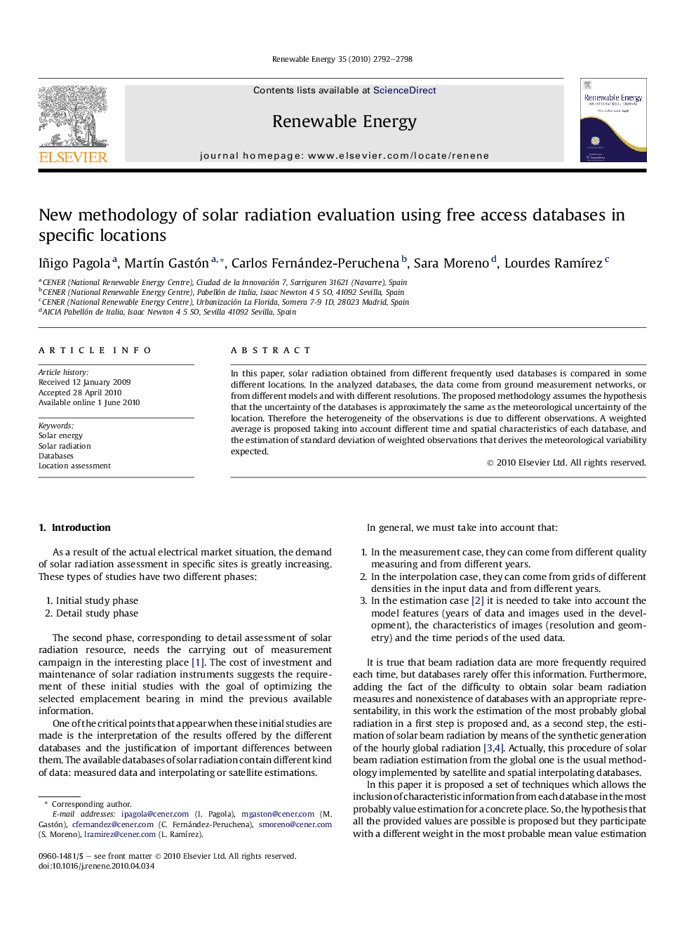 New methodology of solar radiation evaluation using free access databases in specific locations