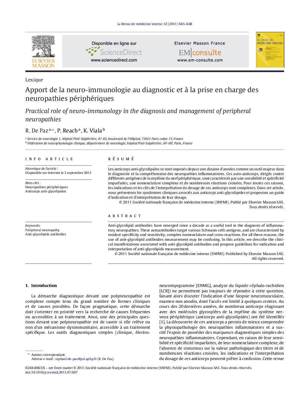 عکس صفحه اول مقاله: Apport de la neuro-immunologie au diagnostic et à la prise en charge des neuropathies périphériques Apport de la neuro-immunologie au diagnostic et à la prise en charge des neuropathies périphériques