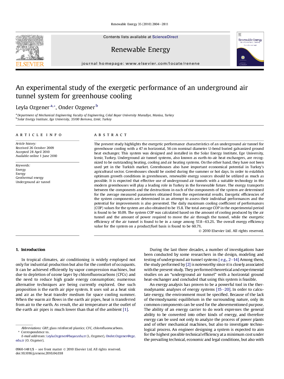 عکس صفحه اول مقاله: An experimental study of the exergetic performance of an underground air tunnel system for greenhouse cooling An experimental study of the exergetic performance of an underground air tunnel system for greenhouse cooling