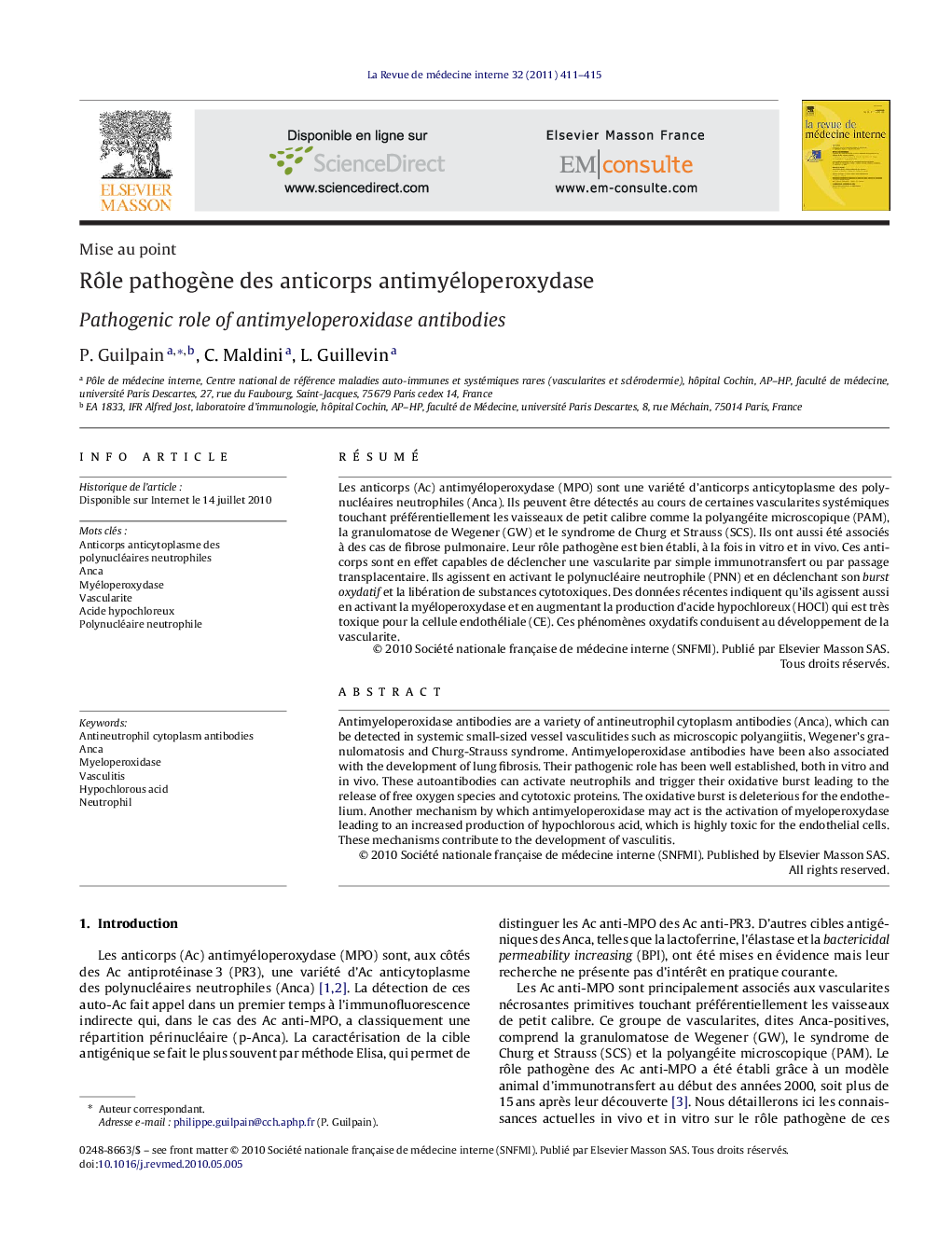 Rôle pathogène des anticorps antimyéloperoxydase