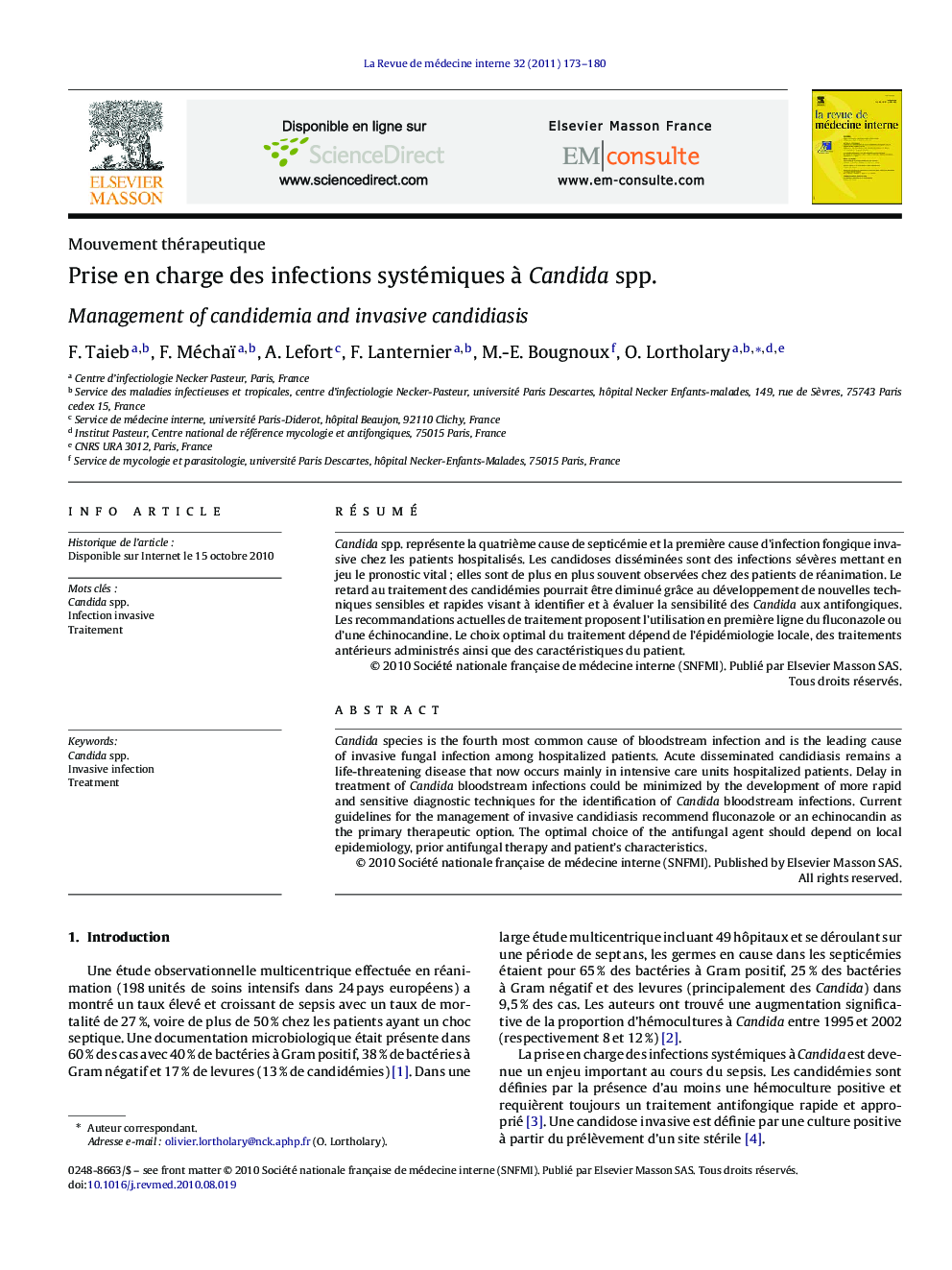 Prise en charge des infections systémiques à Candida spp.