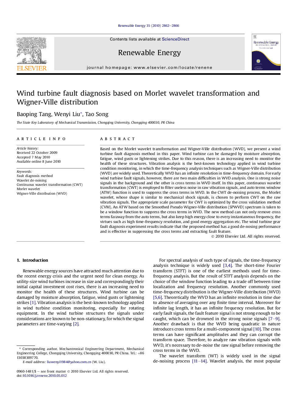 Wind turbine fault diagnosis based on Morlet wavelet transformation and Wigner-Ville distribution