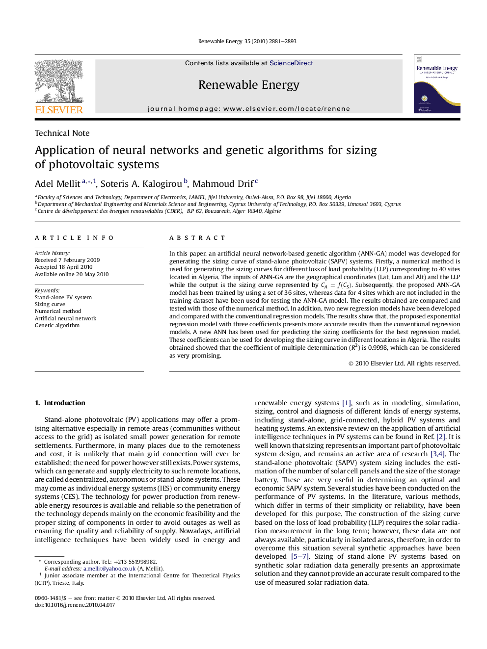 Application of neural networks and genetic algorithms for sizing of photovoltaic systems