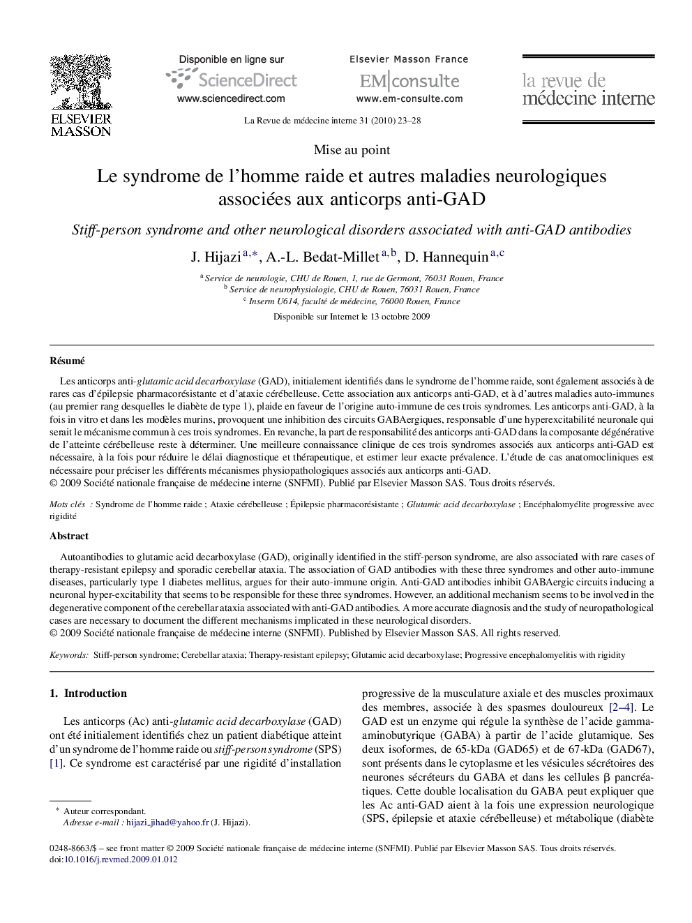 Le syndrome de l’homme raide et autres maladies neurologiques associées aux anticorps anti-GAD