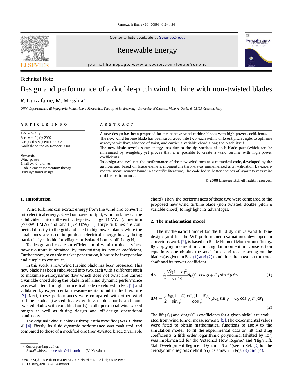 Design and performance of a double-pitch wind turbine with non-twisted blades