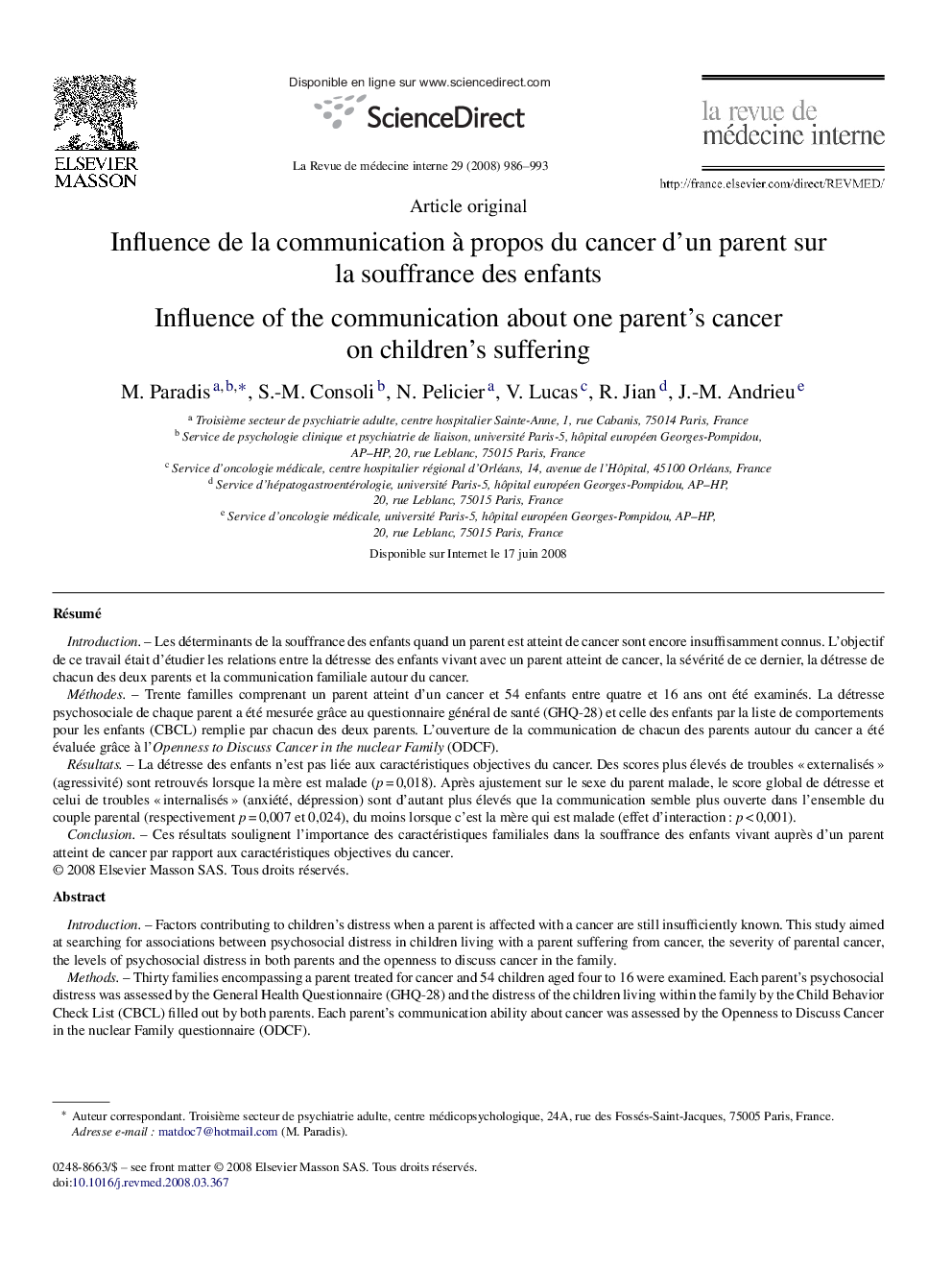 Influence de la communication à propos du cancer d’un parent sur la souffrance des enfants