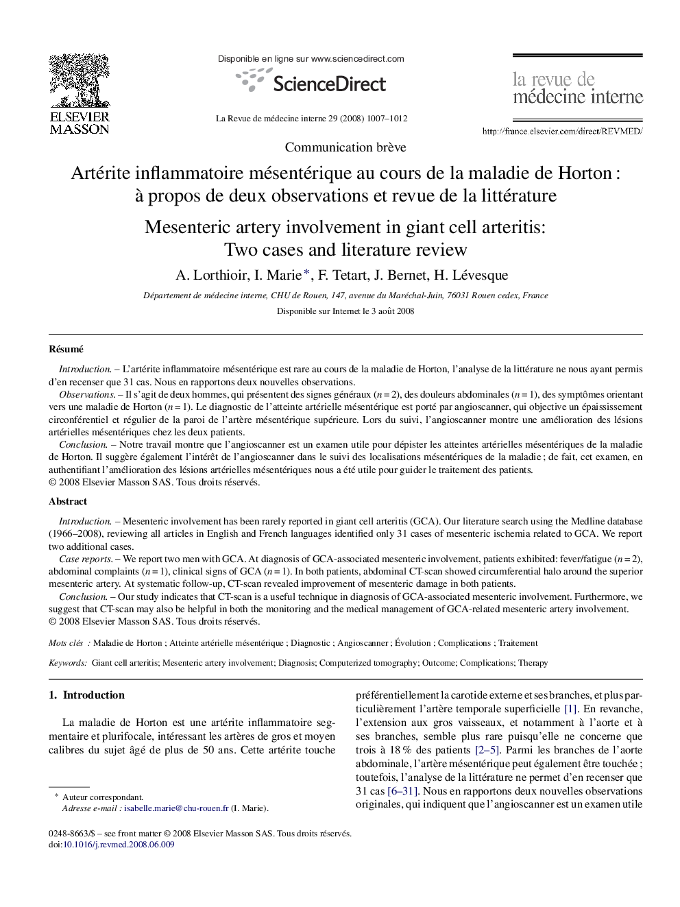 Artérite inflammatoire mésentérique au cours de la maladie de Horton : à propos de deux observations et revue de la littérature