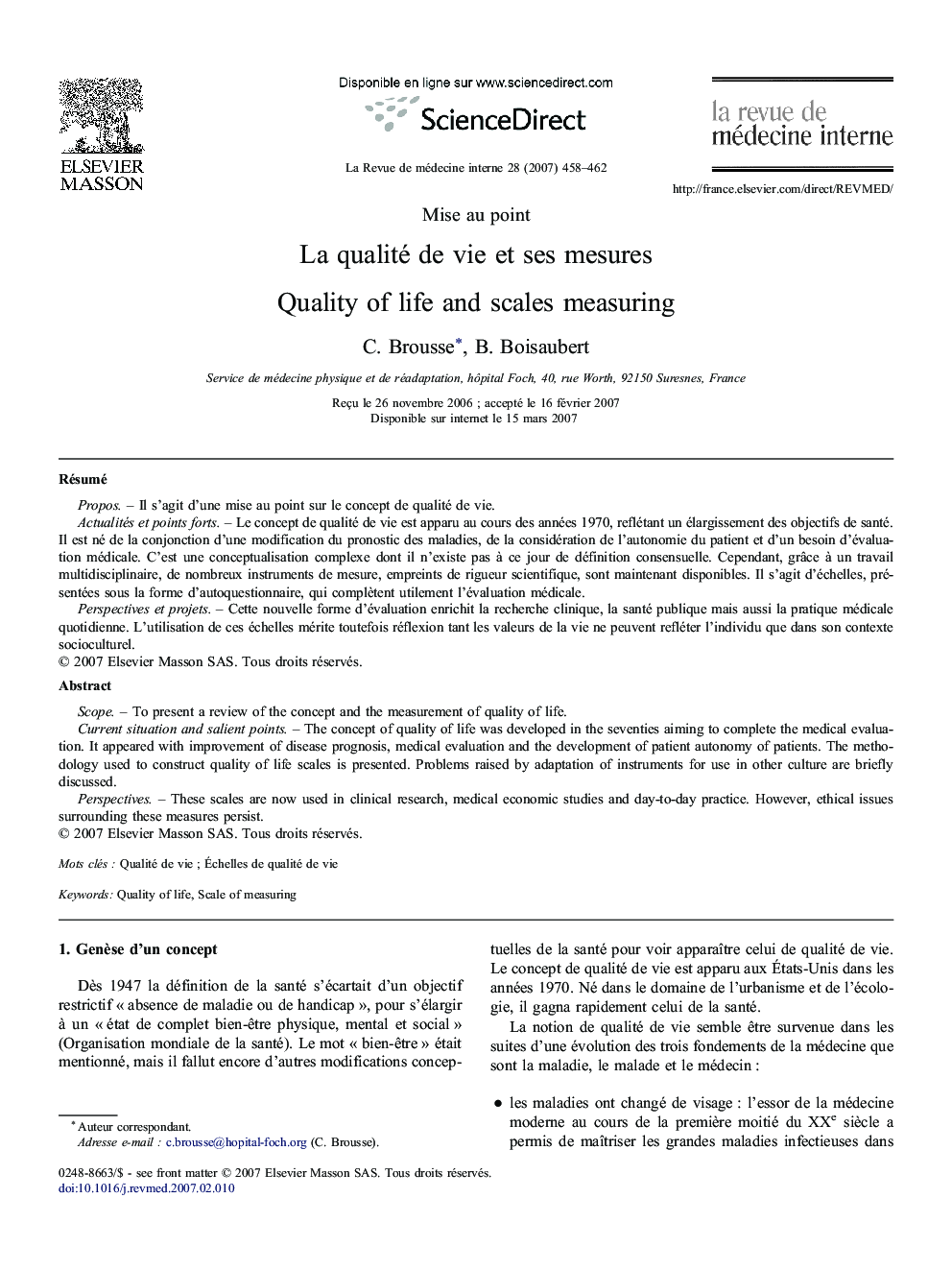 عکس صفحه اول مقاله: La qualité de vie et ses mesures La qualité de vie et ses mesures