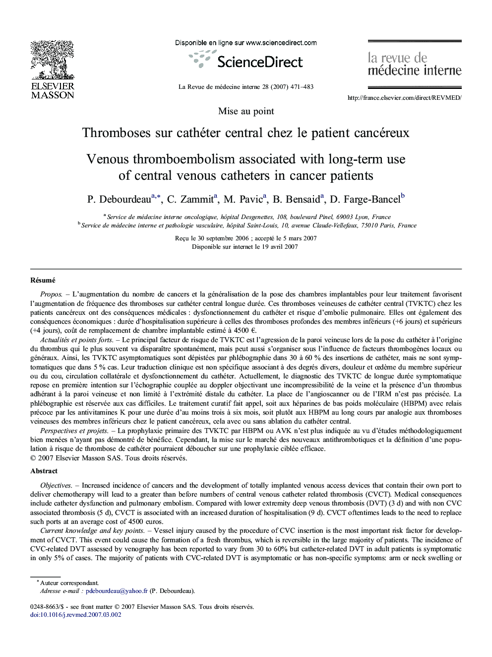 Thromboses sur cathéter central chez le patient cancéreux