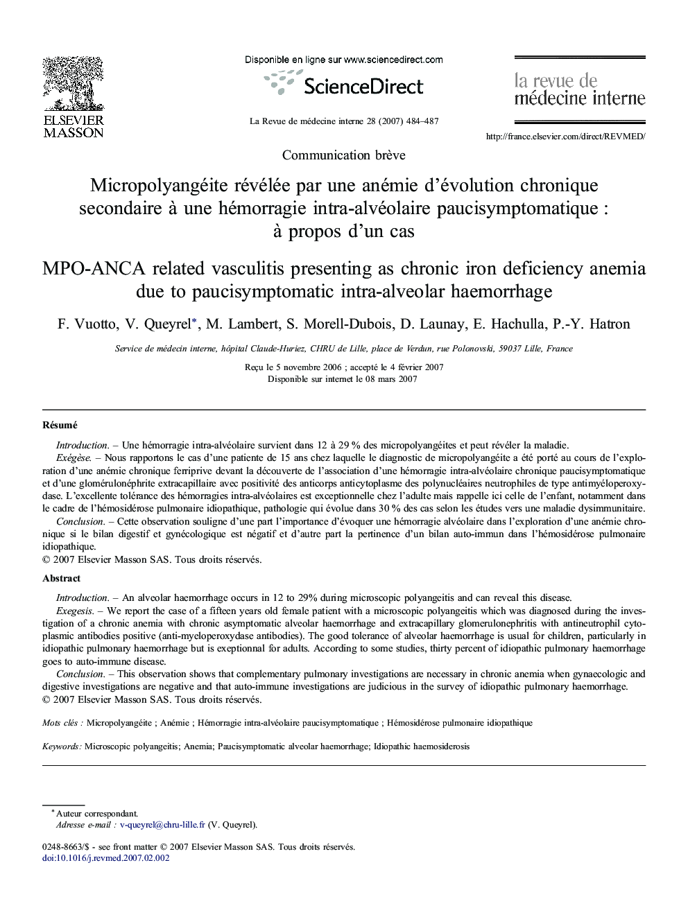 Micropolyangéite révélée par une anémie d'évolution chronique secondaire à une hémorragie intra-alvéolaire paucisymptomatique : à propos d'un cas