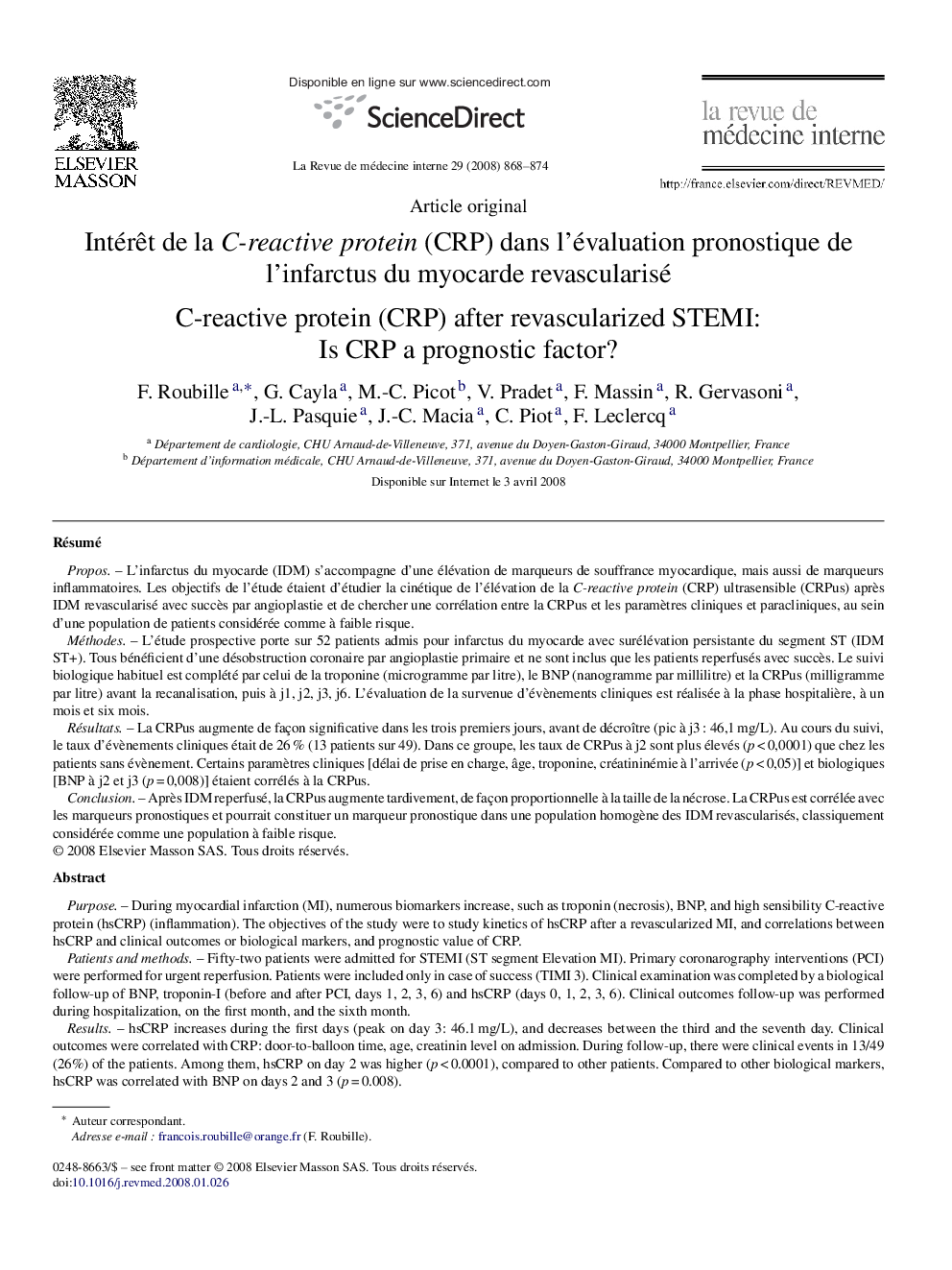 Intérêt de la C-reactive protein (CRP) dans l’évaluation pronostique de l’infarctus du myocarde revascularisé