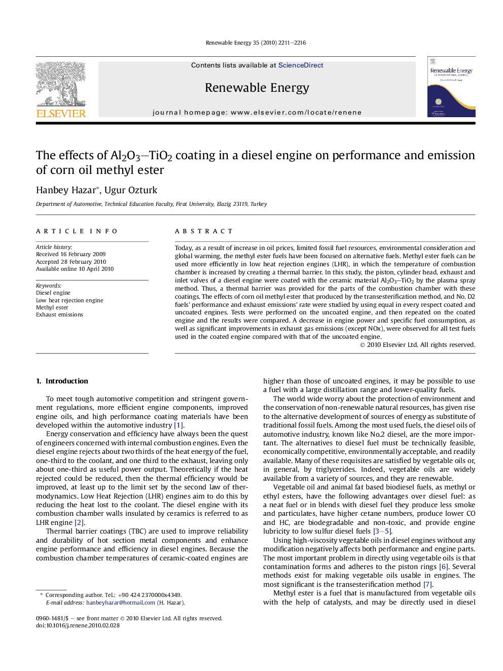 The effects of Al2O3–TiO2 coating in a diesel engine on performance and emission of corn oil methyl ester