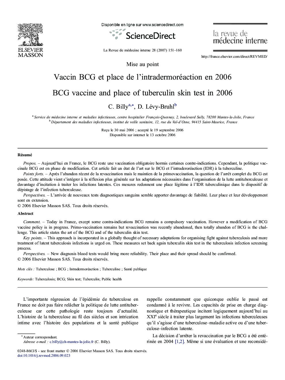 Vaccin BCG et place de l'intradermoréaction en 2006
