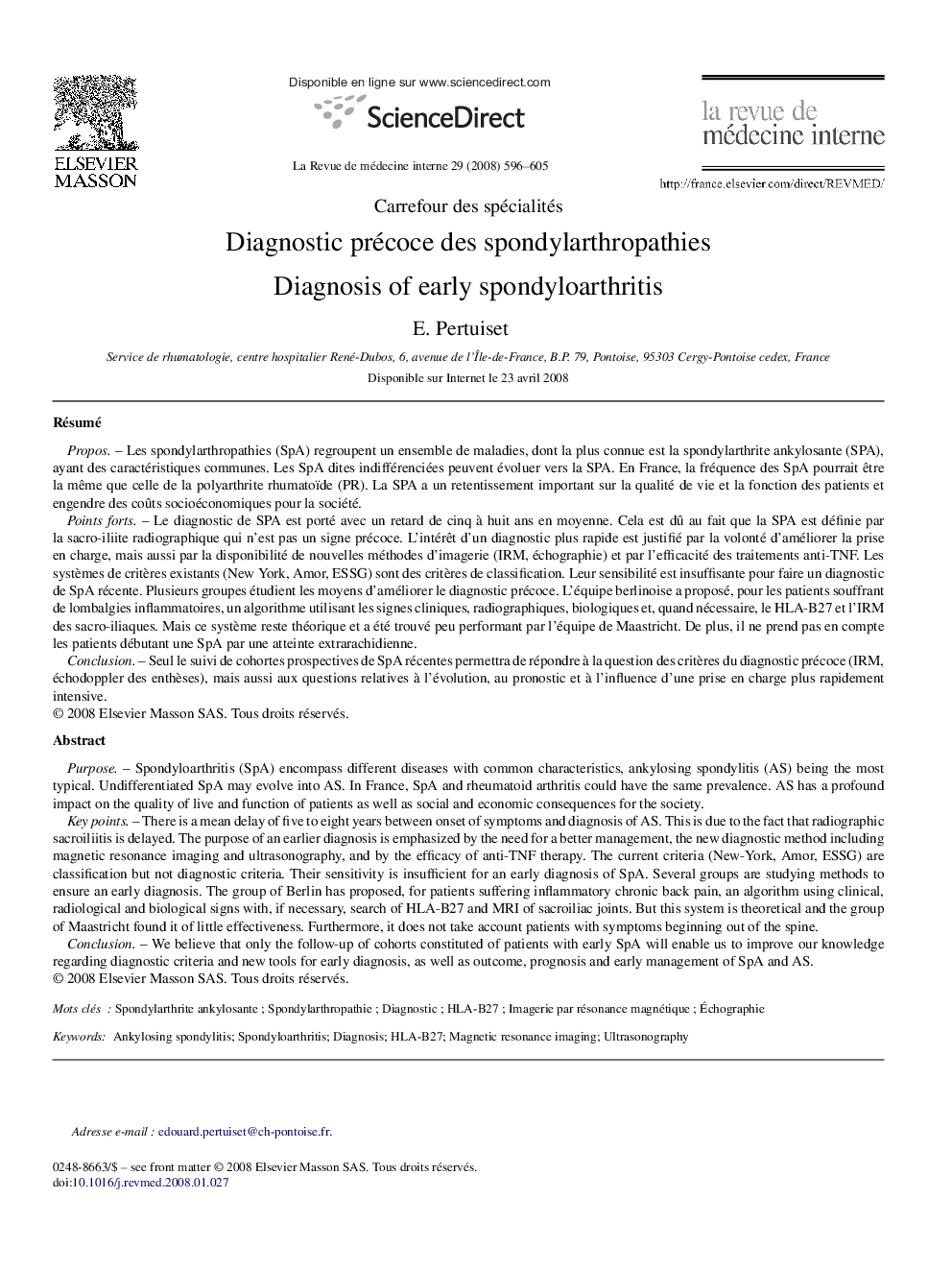 Diagnostic précoce des spondylarthropathies