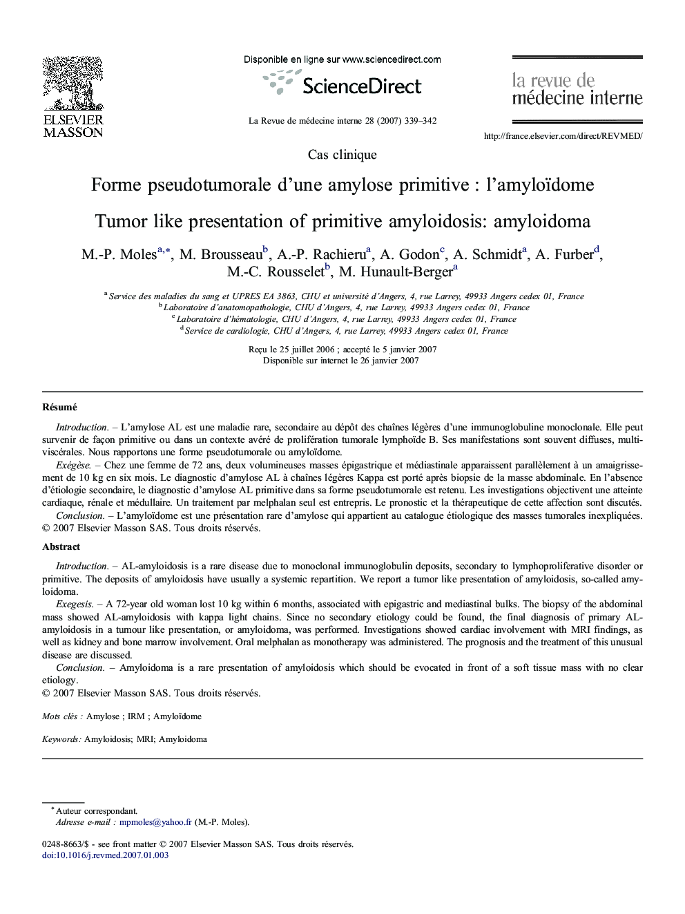 Forme pseudotumorale d'une amylose primitive : l'amyloïdome