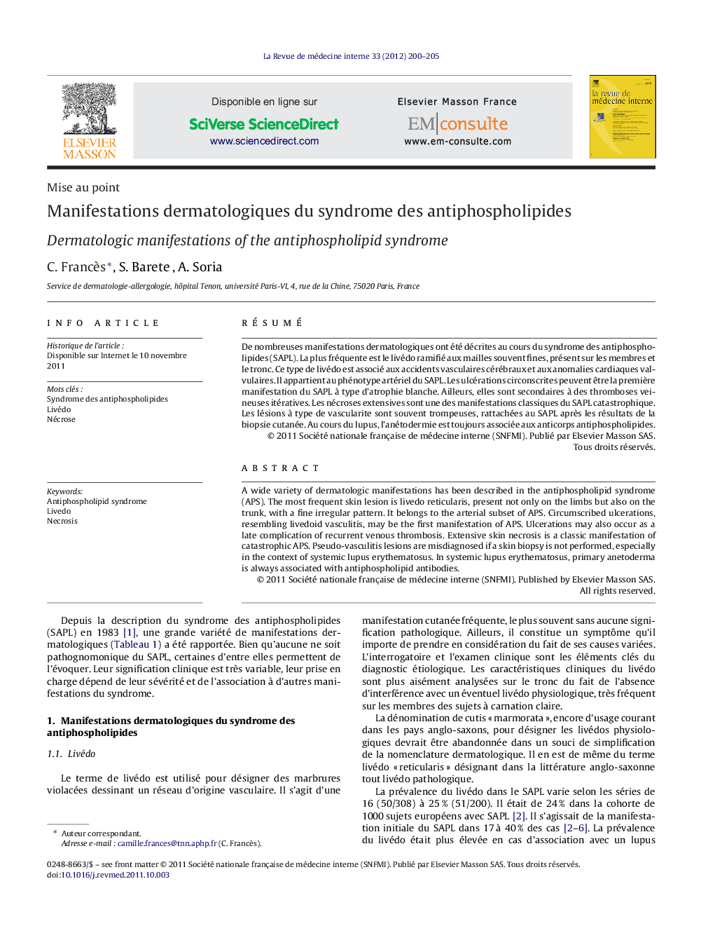 Manifestations dermatologiques du syndrome des antiphospholipides