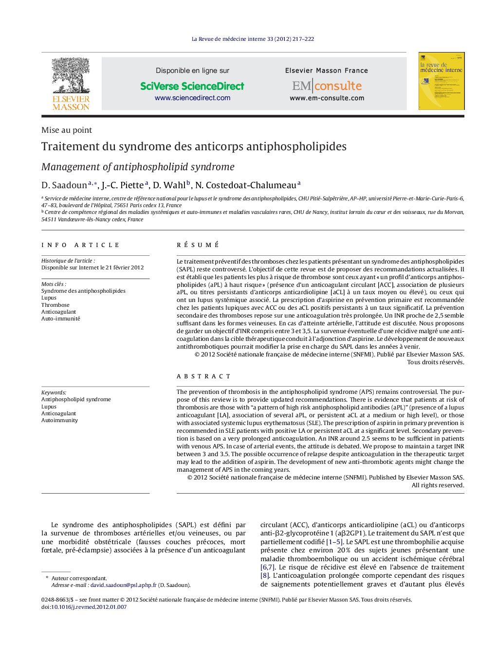 Traitement du syndrome des anticorps antiphospholipides