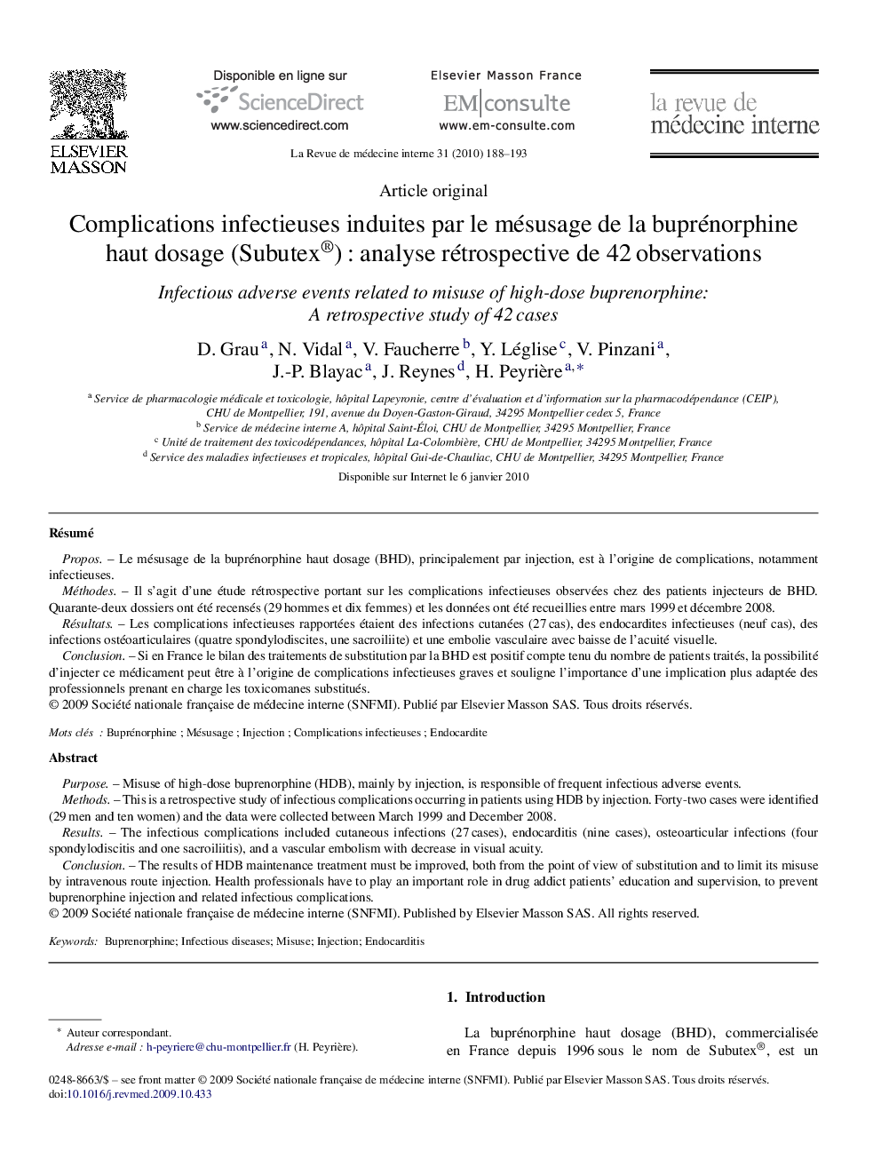 Complications infectieuses induites par le mésusage de la buprénorphine haut dosage (Subutex®) : analyse rétrospective de 42 observations