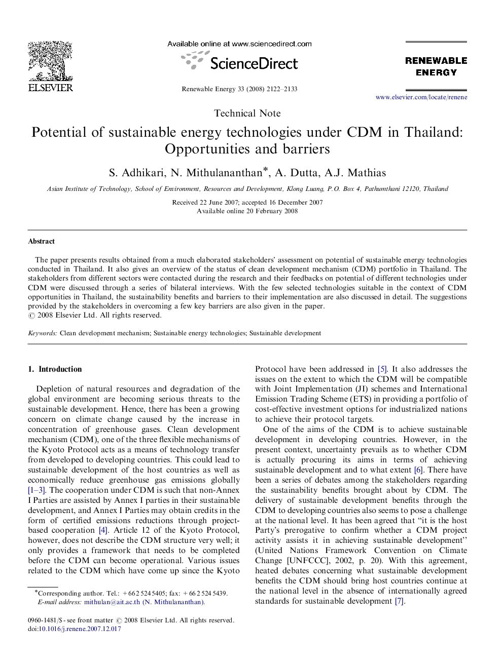 Potential of sustainable energy technologies under CDM in Thailand: Opportunities and barriers