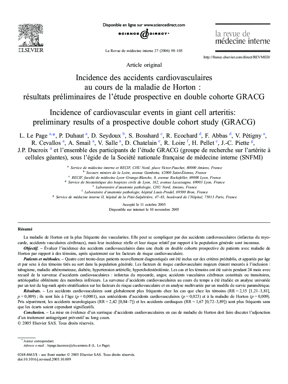 Incidence des accidents cardiovasculaires au cours de la maladie de Horton : résultats préliminaires de l'étude prospective en double cohorte GRACG