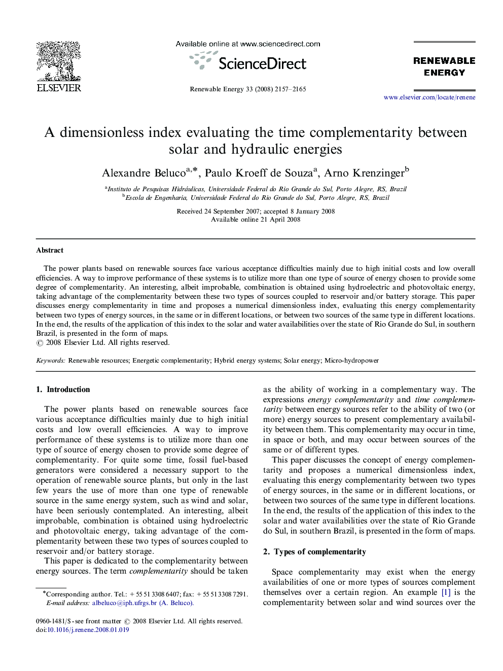 A dimensionless index evaluating the time complementarity between solar and hydraulic energies