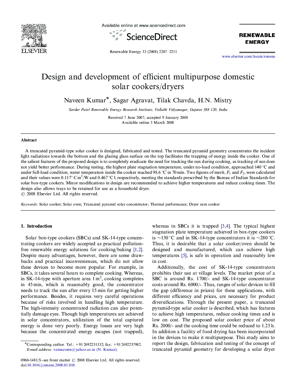 Design and development of efficient multipurpose domestic solar cookers/dryers