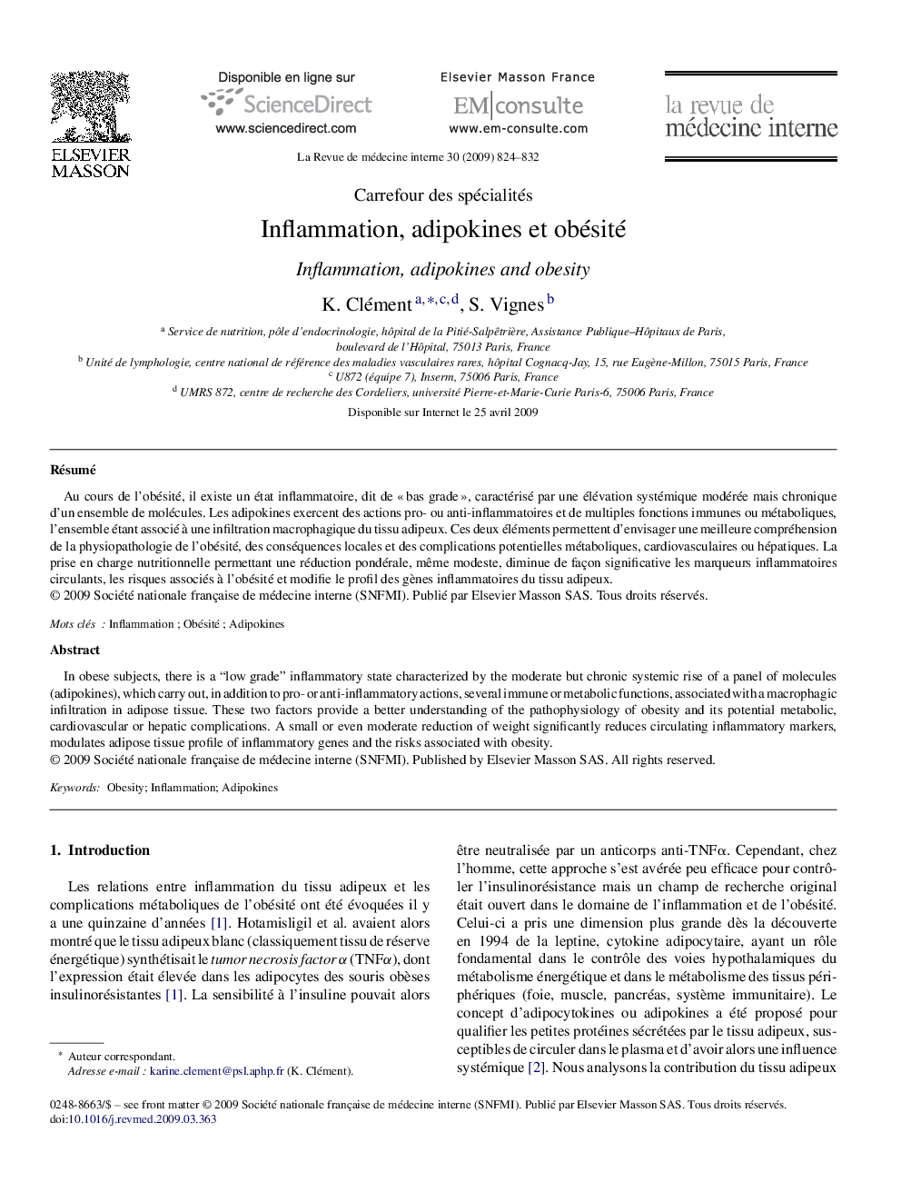 عکس صفحه اول مقاله: Inflammation, adipokines et obésité Inflammation, adipokines et obésité