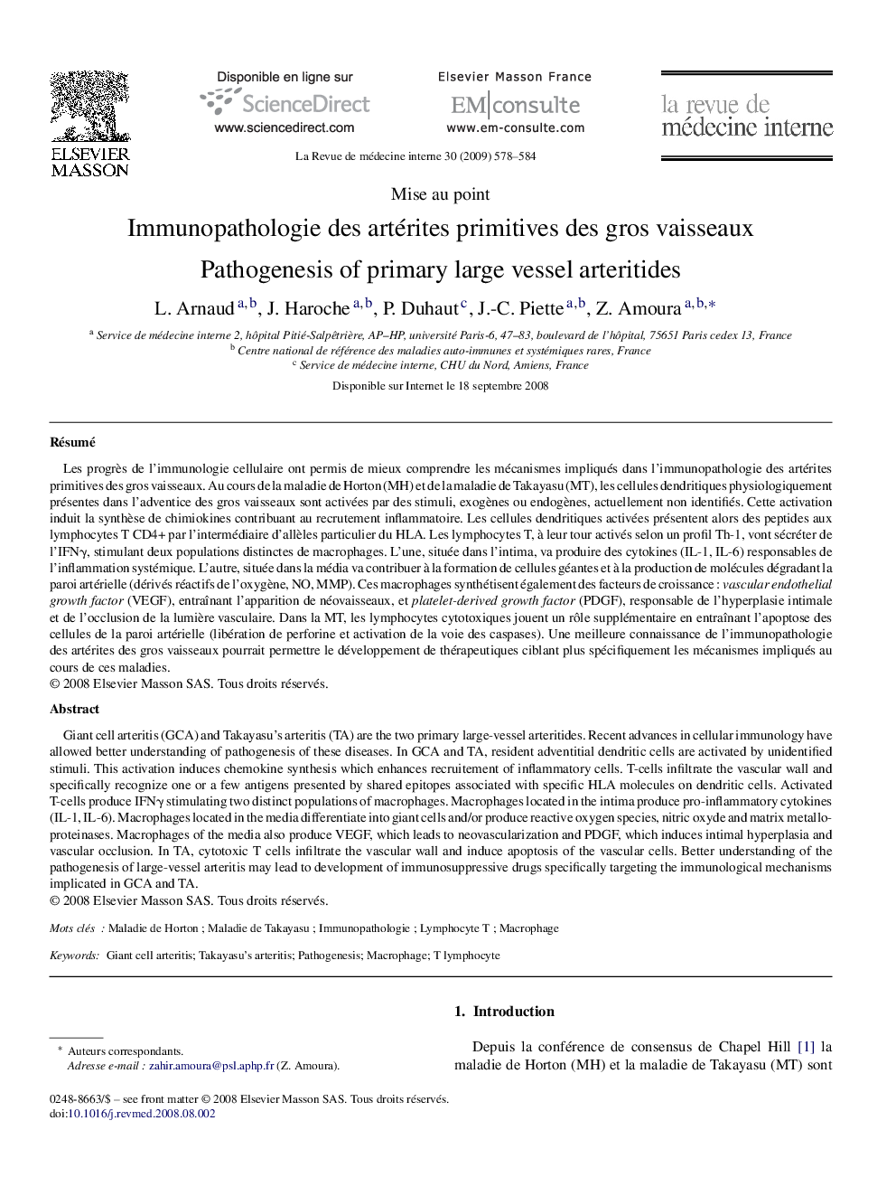 Immunopathologie des artérites primitives des gros vaisseaux