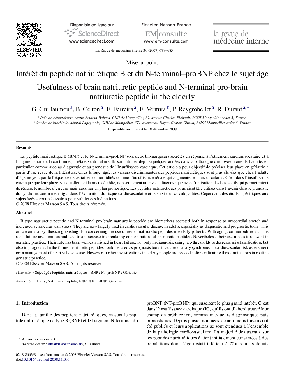 Intérêt du peptide natriurétique B et du N-terminal–proBNP chez le sujet âgé