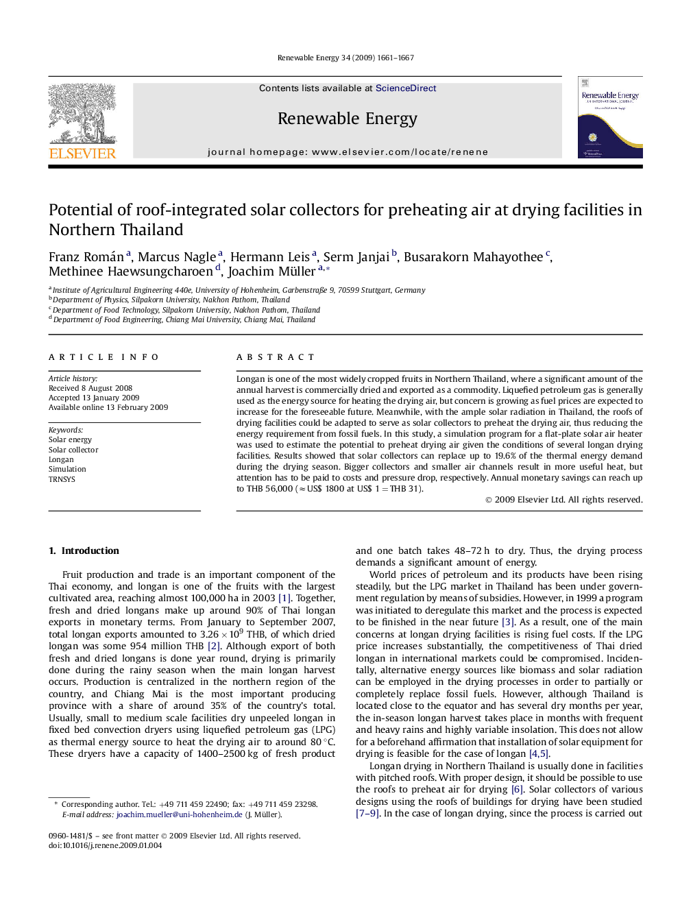 Potential of roof-integrated solar collectors for preheating air at drying facilities in Northern Thailand