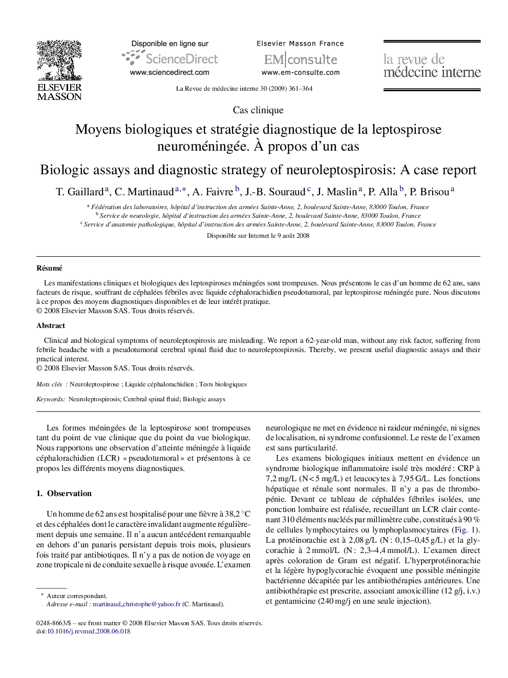عکس صفحه اول مقاله: Moyens biologiques et stratégie diagnostique de la leptospirose neuroméningée. À propos d’un cas Moyens biologiques et stratégie diagnostique de la leptospirose neuroméningée. À propos d’un cas