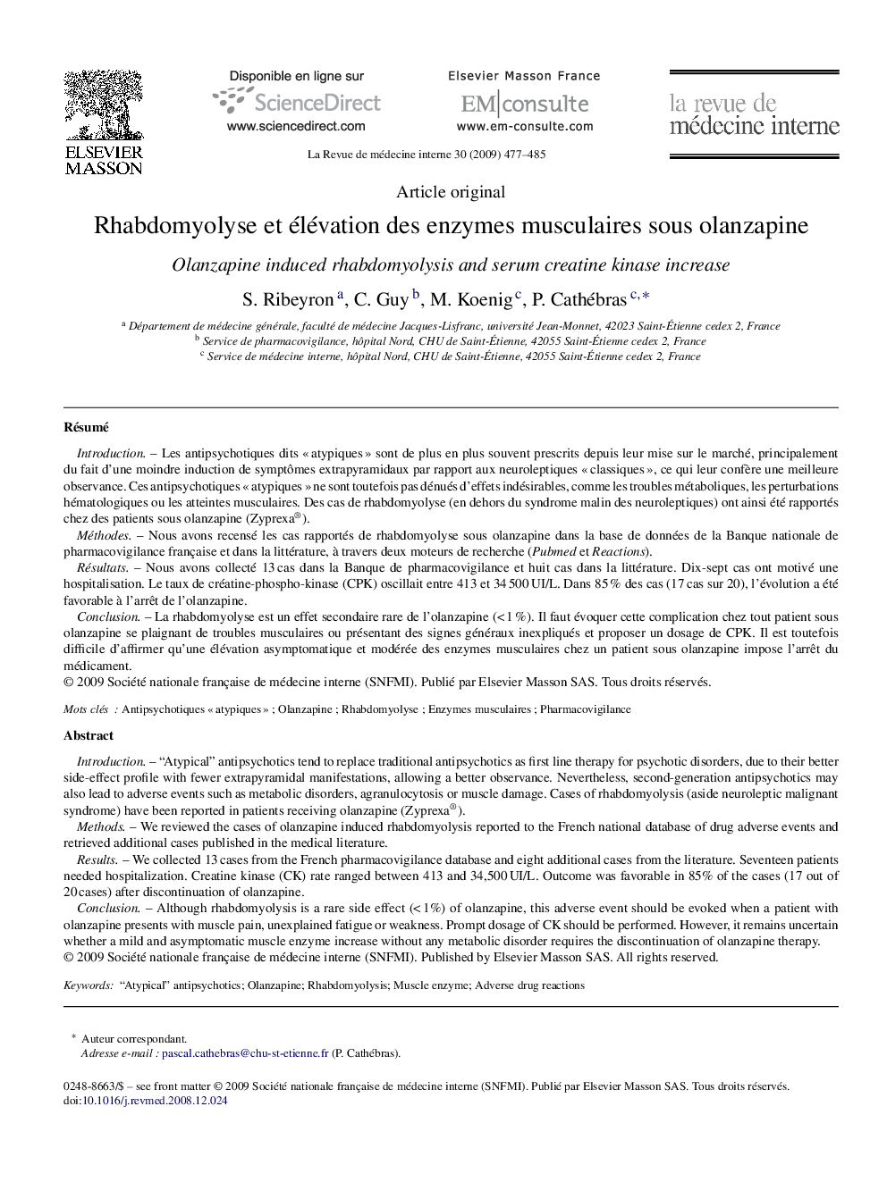 Rhabdomyolyse et élévation des enzymes musculaires sous olanzapine