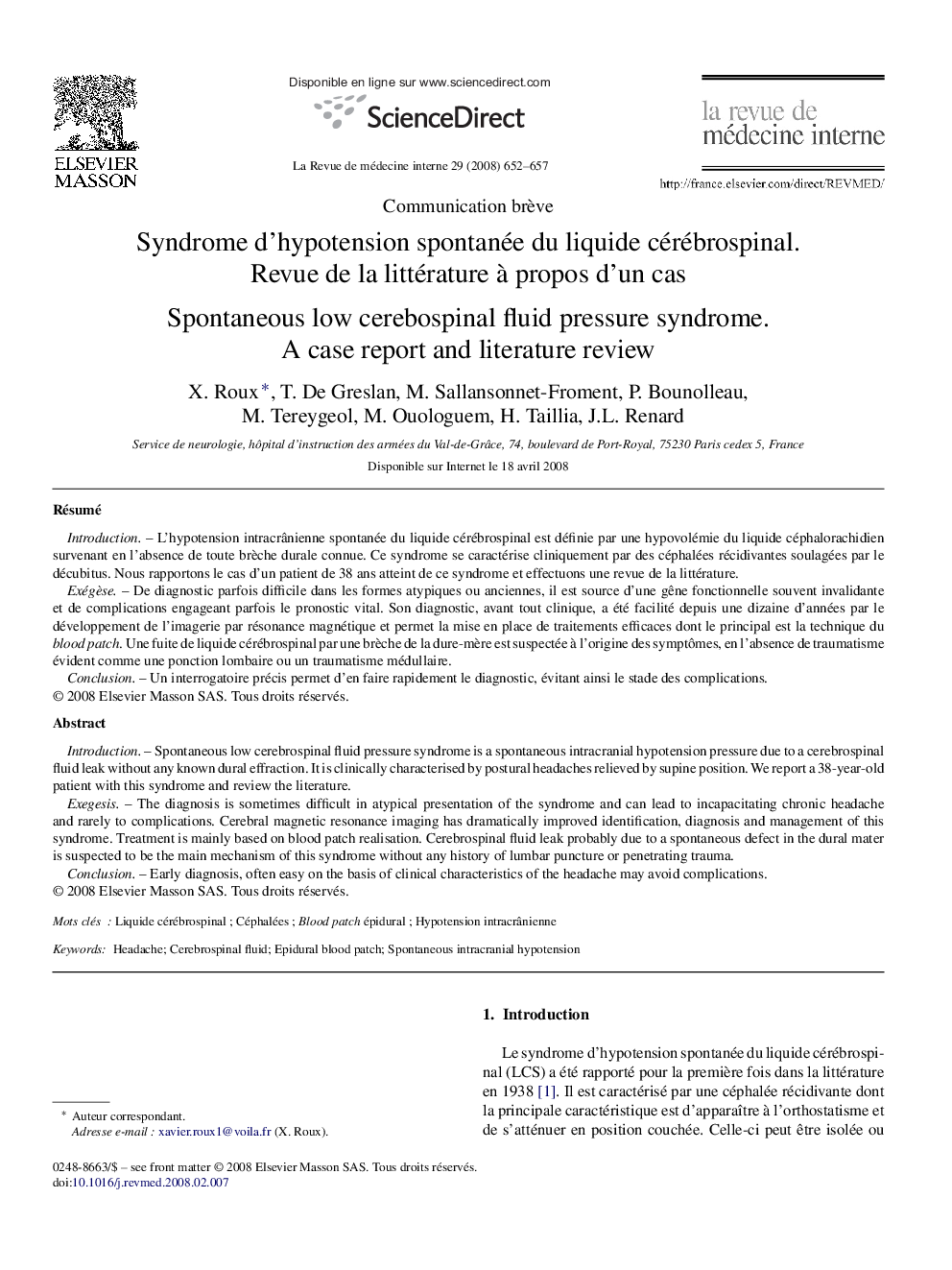 Syndrome d’hypotension spontanée du liquide cérébrospinal. Revue de la littérature à propos d’un cas