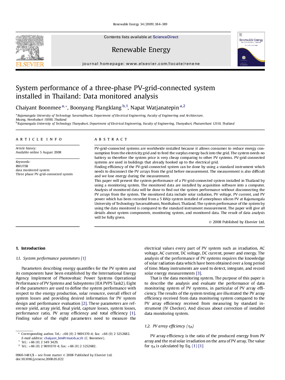 System performance of a three-phase PV-grid-connected system installed in Thailand: Data monitored analysis