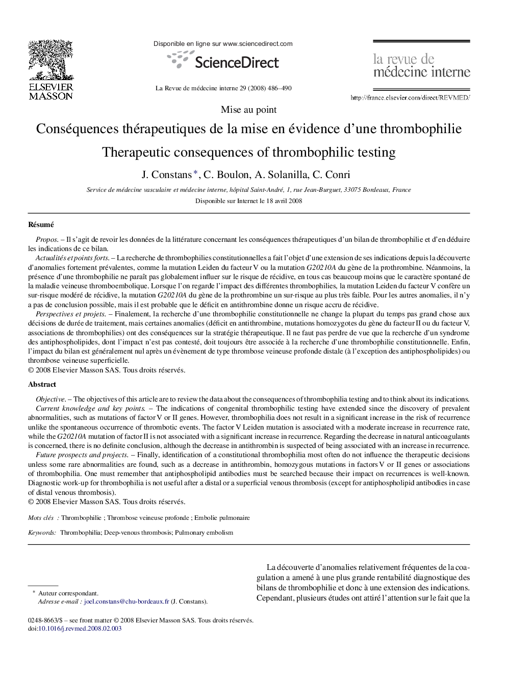 Conséquences thérapeutiques de la mise en évidence d’une thrombophilie