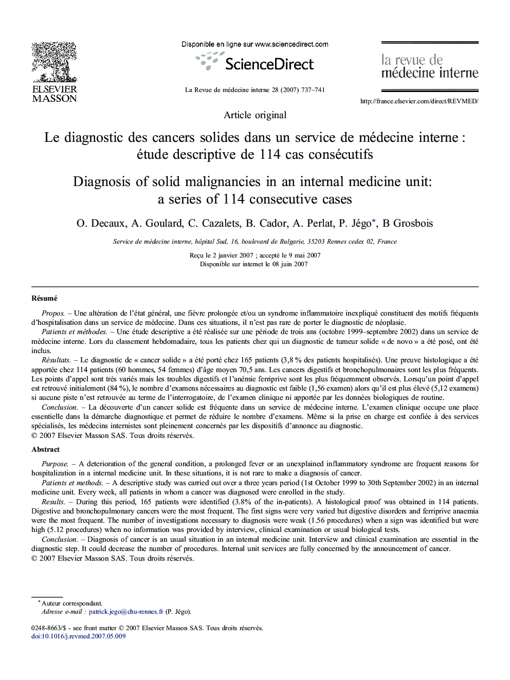 عکس صفحه اول مقاله: Le diagnostic des cancers solides dans un service de médecine interne : étude descriptive de 114 cas consécutifs Le diagnostic des cancers solides dans un service de médecine interne : étude descriptive de 114 cas consécutifs