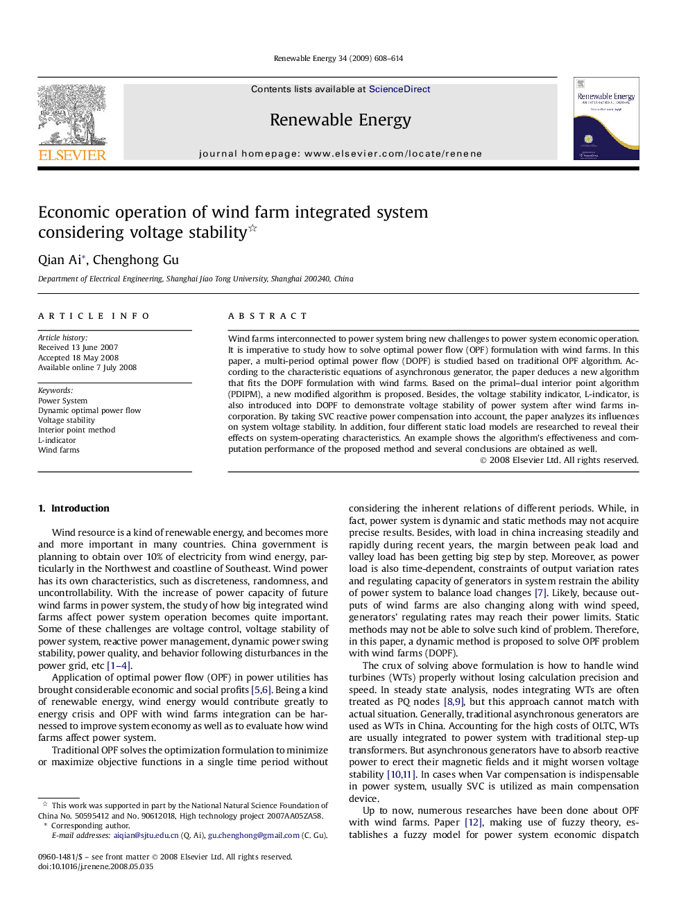 Economic operation of wind farm integrated system considering voltage stability 