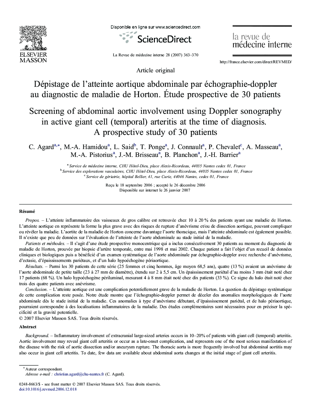 Dépistage de l'atteinte aortique abdominale par échographie-doppler au diagnostic de maladie de Horton. Étude prospective de 30 patients