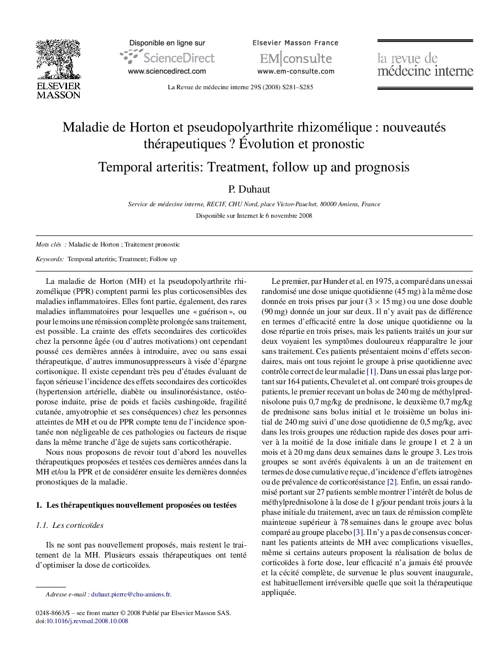 Maladie de Horton et pseudopolyarthrite rhizoméliqueÂ : nouveautés thérapeutiquesÂ ? Ãvolution et pronostic