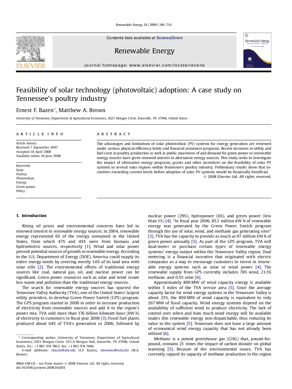 Feasibility of solar technology (photovoltaic) adoption: A case study on Tennessee's poultry industry