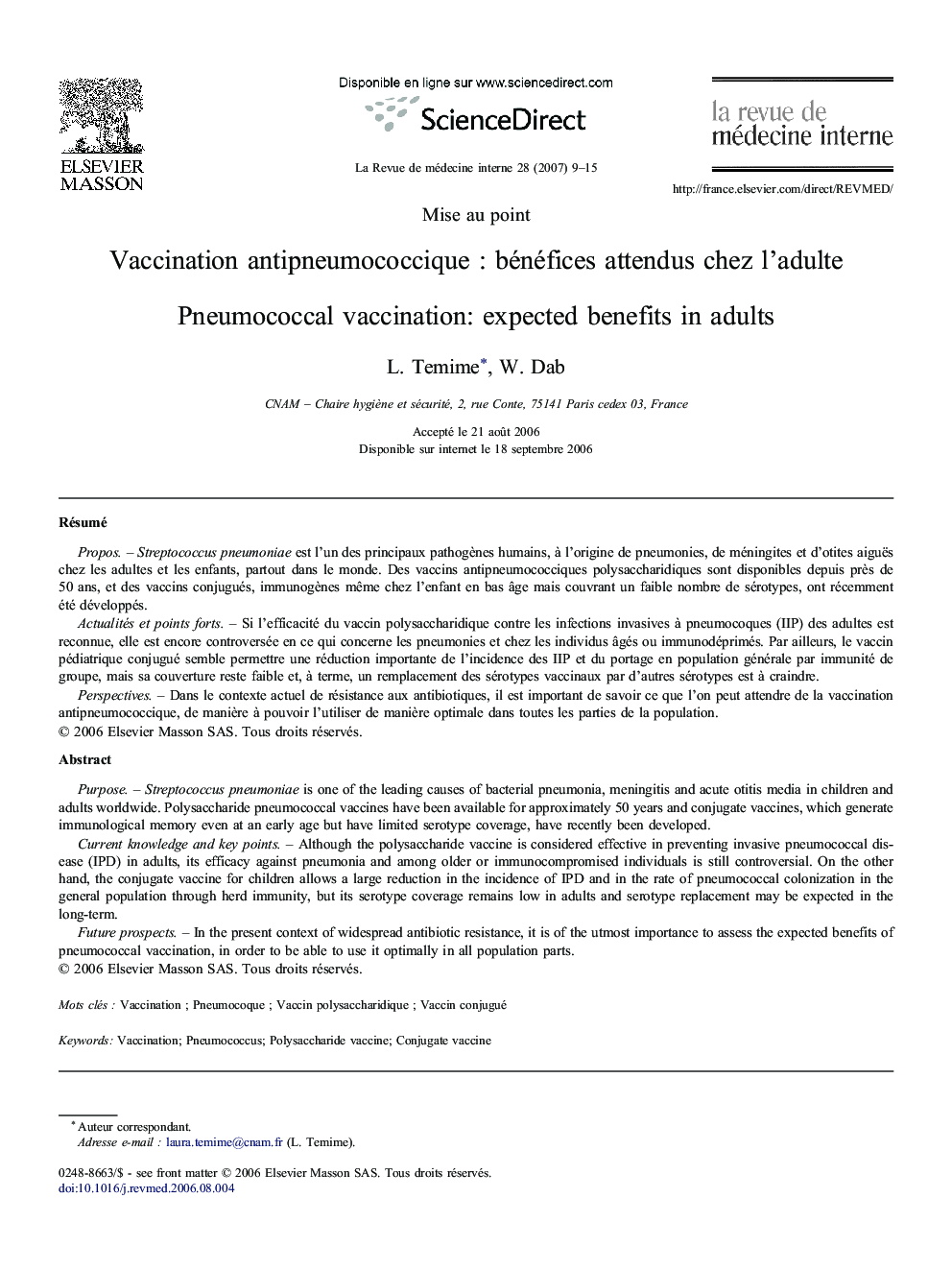 Vaccination antipneumococcique : bénéfices attendus chez l'adulte