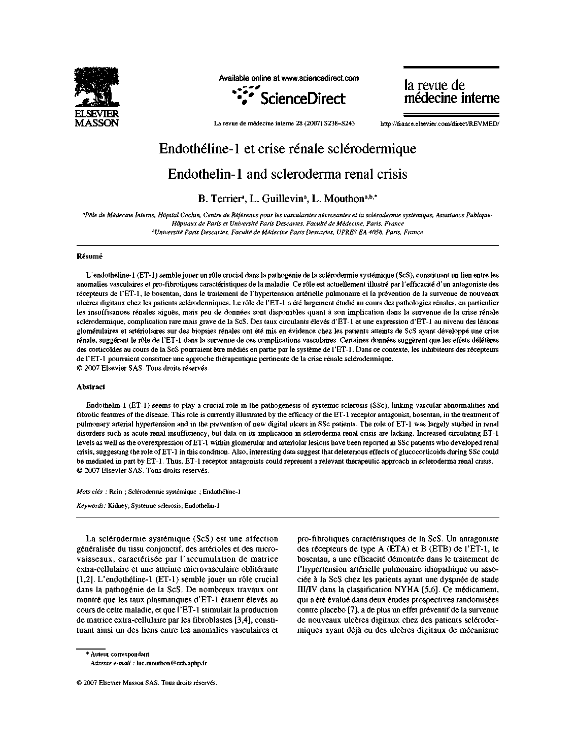 Endothéline-1 et crise rénale sclérodermique